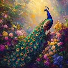 Fototapeta premium Majestic peacock in a vibrant floral garden painting style capturing the beauty of nature and artistic expression with a colorful background