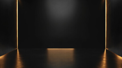 Minimalist luxury black background with soft golden light reflections, creating elegant and clean composition, perfect for text overlay in high resolution 8K quality