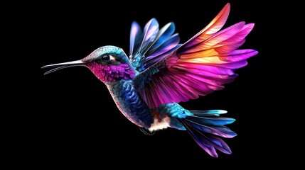 Obraz premium Vibrant hummingbird in flight against a black background displaying iridescent colors and intricate feather details in a dynamic pose and artistic rendering