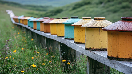 Naklejka premium Colorful beehives lined up on wooden fence in lush green field, surrounded by wildflowers