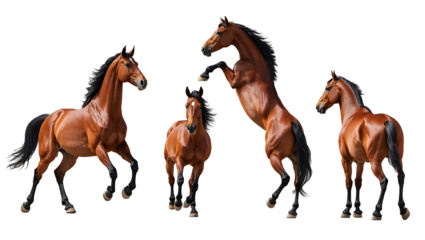 Group of powerful chestnut horses with long manes in various poses, highly detailed and realistic style, clean white background for easy use