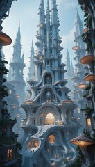Fototapeta premium Majestic fantasy castle with glowing mushrooms and intricate architecture in a surreal, dreamlike setting.