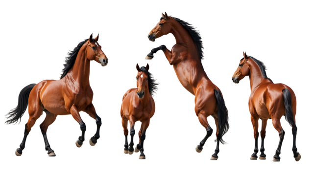 Group of powerful chestnut horses with long manes in various poses, highly detailed and realistic style, clean white background for easy use