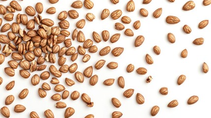 Scattered almonds, white background, food