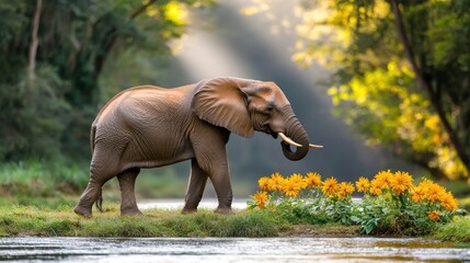 Fototapeta premium Majestic elephant walking near river with vibrant yellow flowers in lush green forest at golden hour light