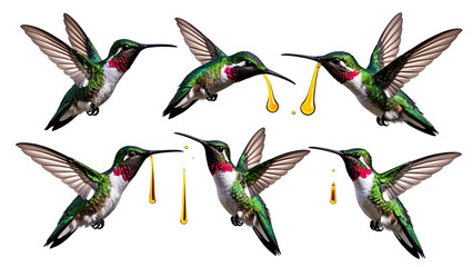 Obraz premium Elegant colorful hummingbirds in flight with vivid plumage and intricate feather details, hyper-realistic 3D PNG set in various poses on transparent background