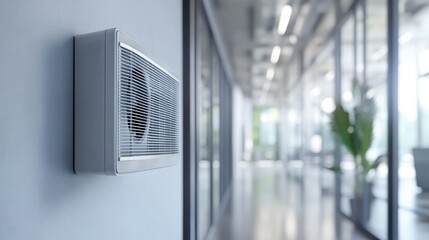 Wall-mounted HVAC unit, office hallway
