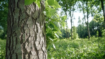Obraz premium Close-up of tree bark in forest. Background Lush green forest. Possible use Nature photography