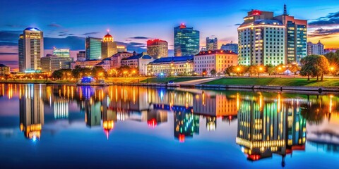 Minsk Night Reflection, Svisloch River Illumination, Cityscape Photography, Belarus Night Scenery, Urban Nightscape
