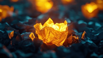 Visualization of success: golden crumpled paper glowing brightly in a sea of dark failures.