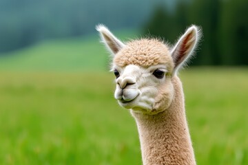 Obraz premium Portrait of a charming alpaca gazing in a green field with soft fur and curious eyes in a serene natural scene