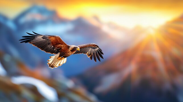Majestic golden eagle soars gracefully over snow capped mountain peaks at sunset casting warm light rays