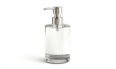 Obraz premium Clear soap dispenser on white background, ideal for hygiene product displays