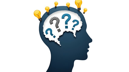 A head silhouette with gears inside, surrounded by lightbulbs and question marks on a white background. Symbolizes analytical thinking, curiosity, and creative problem-solving.