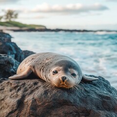 Obraz premium Serene Hawaiian Monk Seal Resting on Volcanic Rock by the Ocean at Sunset Capturing Peaceful Coastal Wildlife