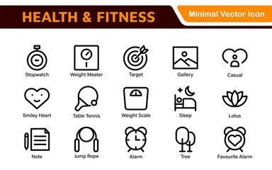 Health and Fitness Icon Set. Vector Icons for Exercise, Wellness, Nutrition, Gym, Yoga, and Healthy Lifestyle