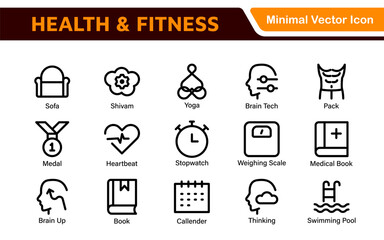 Health and Fitness Icon Set. Vector Icons for Exercise, Wellness, Nutrition, Gym, Yoga, and Healthy Lifestyle