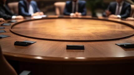 Obraz premium The image captures two Caucasian business partners The image captures two Caucasian business partners discussing business strategy at a round table, with the background blurred to create an atmosphere