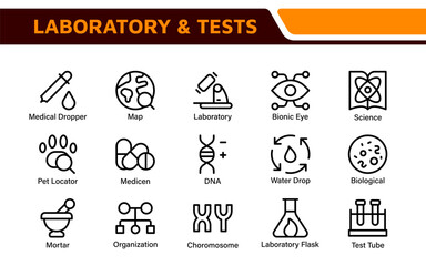 Laboratory and Tests Icon Set. A precise collection of icons for scientific testing and research, perfect for enhancing educational materials, lab websites, and health applications.
