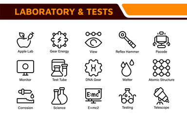 Laboratory and Tests Icon Set. A precise collection of icons for scientific testing and research, perfect for enhancing educational materials, lab websites, and health applications.