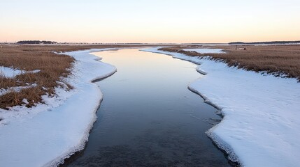 Frozen Creek at Dawn in Marsh