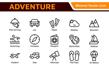 Adventure Icon Set. An exciting collection of icons that captures the spirit of exploration, perfect for travel apps, outdoor websites, and promotional materials for adventure and thrill-seeking.