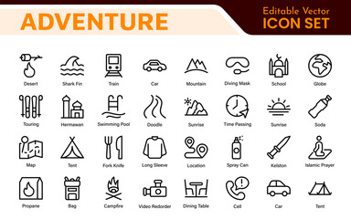 Adventure Icon Set. An exciting collection of icons that captures the spirit of exploration, perfect for travel apps, outdoor websites, and promotional materials for adventure and thrill-seeking.