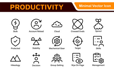 Productivity and Efficiency Icons Collection. Vector Icons for Task Management, Time Optimization, Work Process, and Goal Achievement