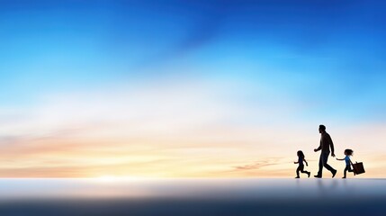 Fototapeta premium Family Walking Together at Sunset in a Serene Landscape Scene