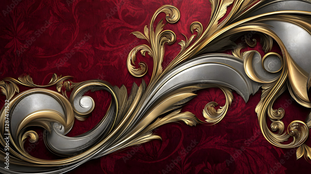 Poster red and gold background with abstract swirl design for text or graphics use