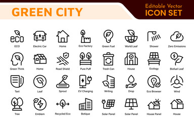 Line icons about green city. Sustainable development. Contains such icons as renewable energy, autonomous building, air and water quality.