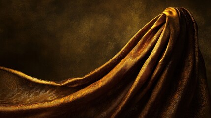 Dramatic golden fabric draped elegantly against a textured dark backdrop creating a luxurious and captivating visual with rich tones and flowing forms