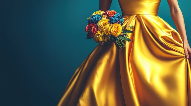Elegant woman in flowing golden gown holding vibrant floral bouquet against a deep teal background - Powered by Adobe