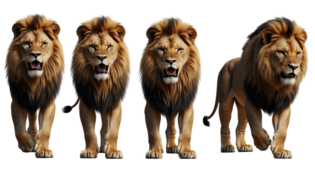 Collection of lions in different positions, fierce and noble wild animals, high-quality PNG elements for design projects