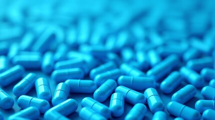 Blue capsules scattered randomly across a surface. The capsules are uniformly colored in a vibrant blue shade, with a glossy finish that reflects light.
