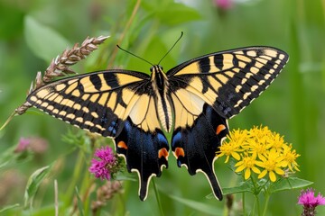 Eastern Tiger Swallowtail Butterfly Resting on Wildflowers in a Meadow during Summer with Soft Natural Light