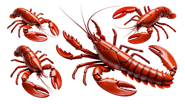 Collection of lobsters in multiple angles and styles, detailed PNG seafood elements perfect for marine life and ocean-inspired visuals