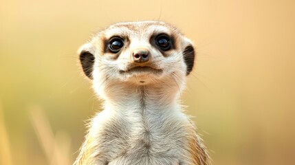 Fototapeta premium Captivating meerkat portrait with curious gaze against a soft blurred background in natural light