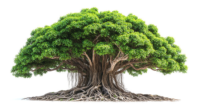 large banyan tree with sprawling roots and lush green foliage stands majestically against white background, showcasing its intricate branches and vibrant leaves