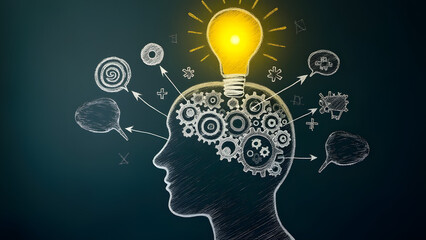 A chalkboard head illustration with gears and a glowing lightbulb, surrounded by icons like a target and puzzle pieces. Symbolizes innovation, problem-solving, and teamwork.