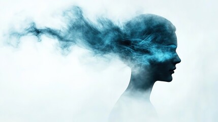 Ethereal Silhouette of a Woman with Blue Smoke and Dreamy Atmosphere