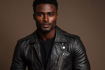 Obraz premium Handsome Black Man Wearing Black Leather Jacket and Looking at Viewer