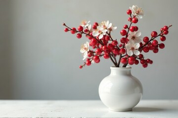 Elegant white vase, red berries, delicate white blossoms , home decor, white