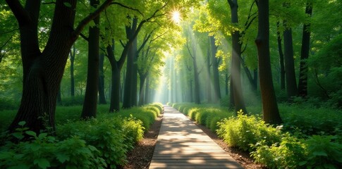 Fototapeta premium Elevated boardwalk path through towering trees, sunlight dappling leaves, hiking, adventure