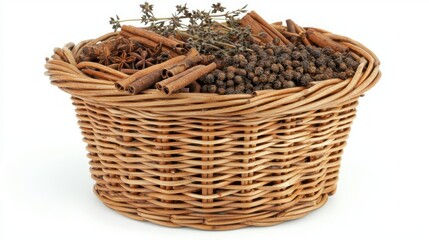Obraz premium Spices in Wicker Basket Cinnamon Sticks Anise Stars Black Peppercorns and Dried Thyme Herbs