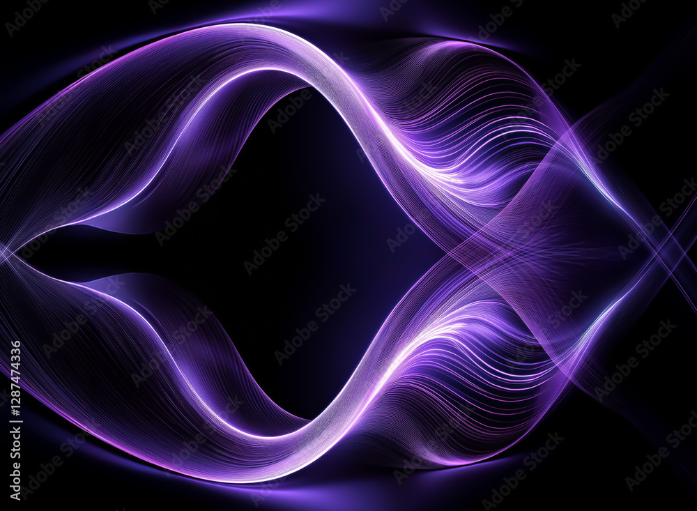 Poster symmetrical abstract purple waves flow smoothly on a dark background. light trails create dynamic mo