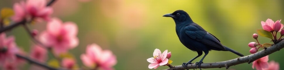 Glossy black starling perched, beak agape, delicate spring blooms, beak, garden, image