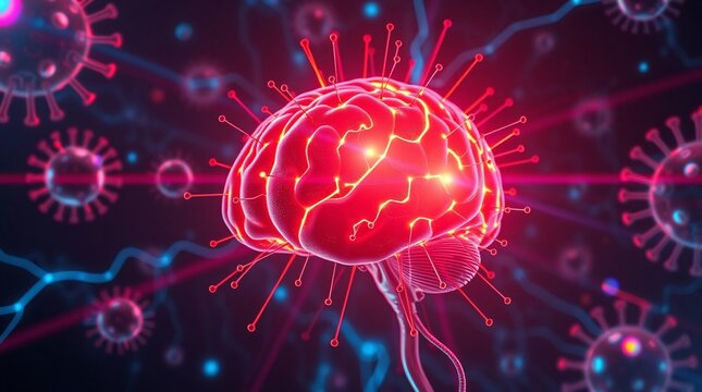 Neuroscience and Viral Interaction, Illuminated Brain Amidst Virus Particles - Powered by Adobe