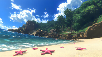 Obraz premium Idyllic tropical beach scene with pink starfish on the sand, turquoise water, palm trees, and a small hut. Perfect for travel, vacation, or summer themes.