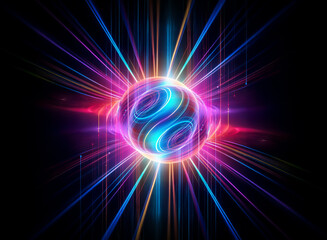 Bright sphere emits vibrant rays of light. Swirling patterns glow in the dark space, creating cosmic energy with radial beams. Abstract and luminous.